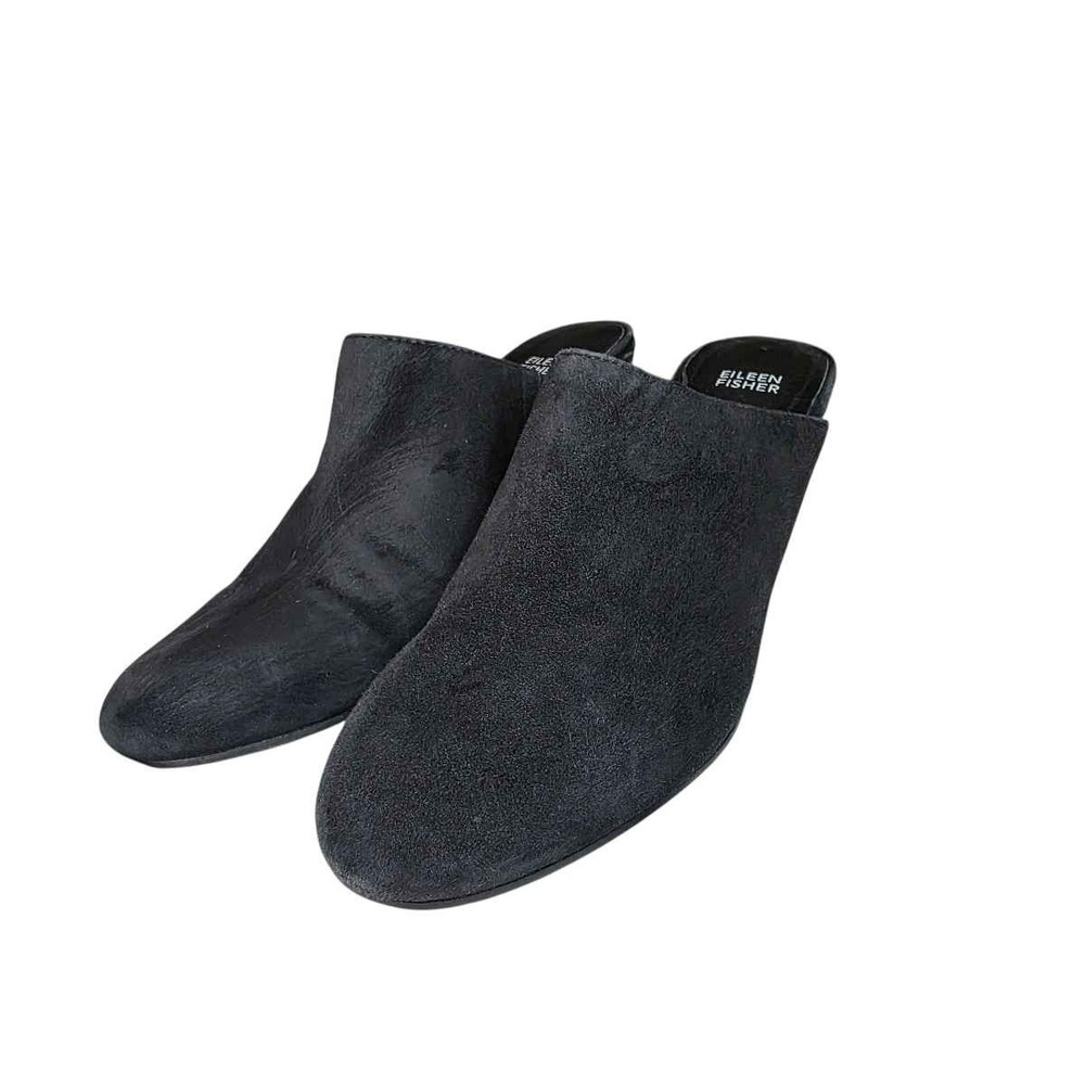 Eileen Fisher Black Suede Block Heel Mules Womens Size 10 Slip On Shoes Italian